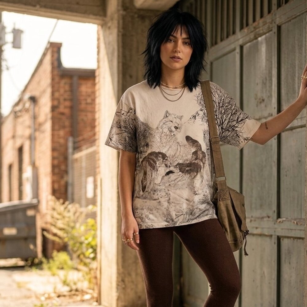 Vintage women’s Cotton Graphic Wolf Nature Short Sleeve T-Shirt tan or Black